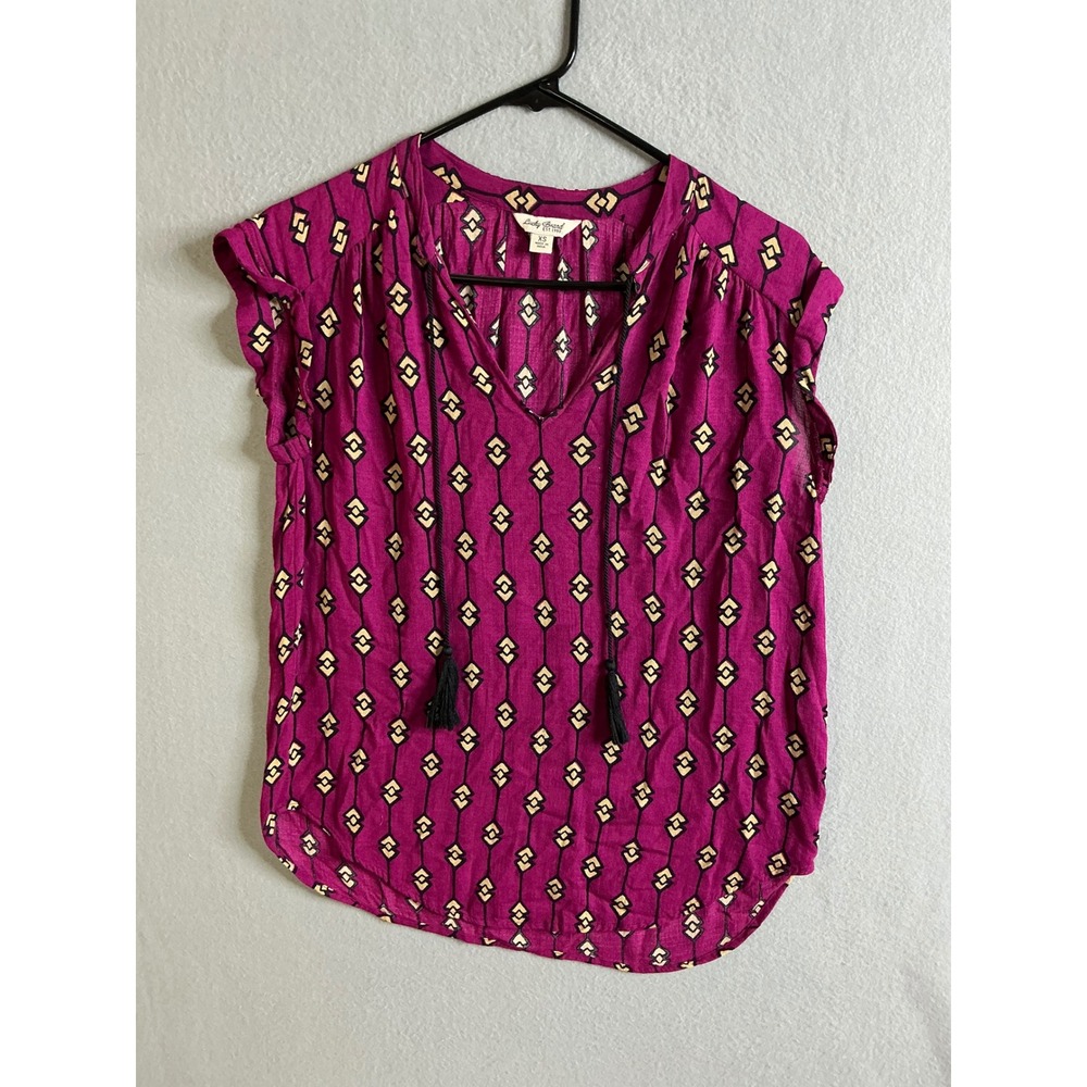 Lucky Brand Top Women's XS Blouse Geometric Print Tassel‎ V Neck Casual